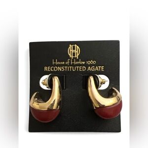 House of Harlow 1960 Gold and Red Reconstituted Agate Hoop Clip Earrings